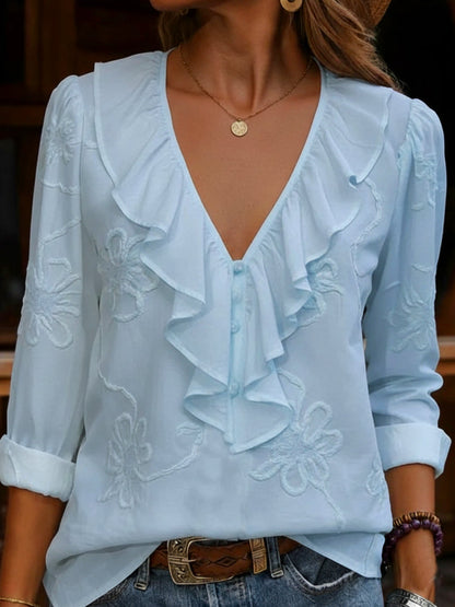 🔥Summer Arrivals🌟Vintage ruffled V-neck shirt with embroidered flowers