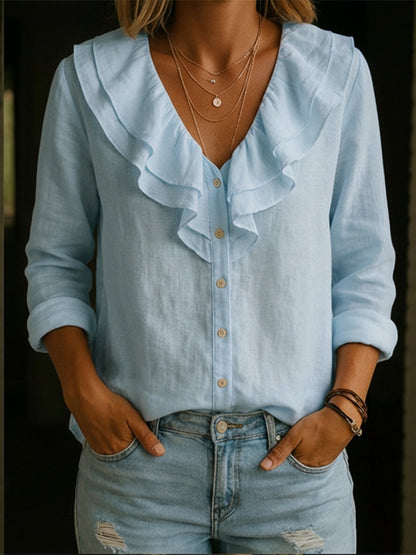🔥Summer Arrivals🌟Women's Ruffled Collar Linen And Cotton Shirt