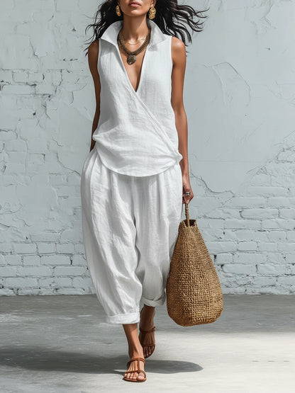🔥Summer Arrivals🌟Minimalist Collared Shirt And Wide-leg Pant Linen Two-piece Set