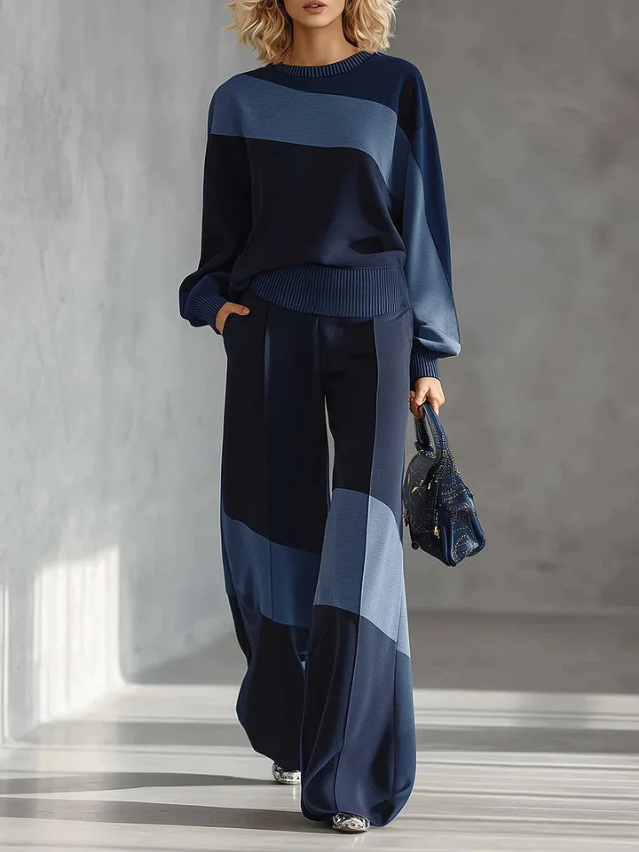 🔥Summer Arrivals🌟Women's Color-block Round Neck Long-sleeved Casual Loose Wide-leg Pants Knitted Set