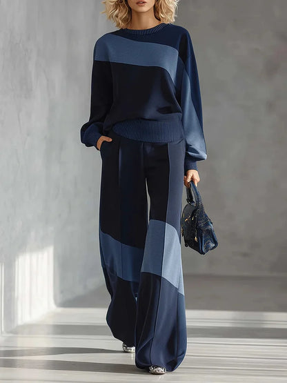 🔥Summer Arrivals🌟Women's Color-block Round Neck Long-sleeved Casual Loose Wide-leg Pants Knitted Set