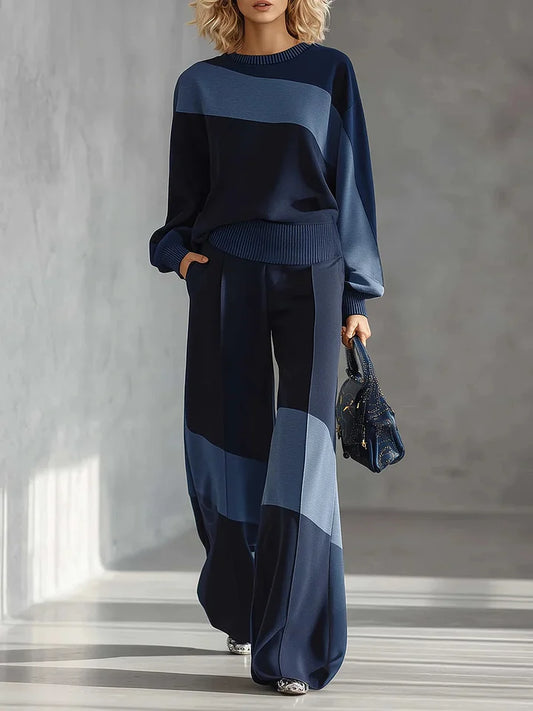🔥Summer Arrivals🌟Women's Color-block Round Neck Long-sleeved Casual Loose Wide-leg Pants Knitted Set