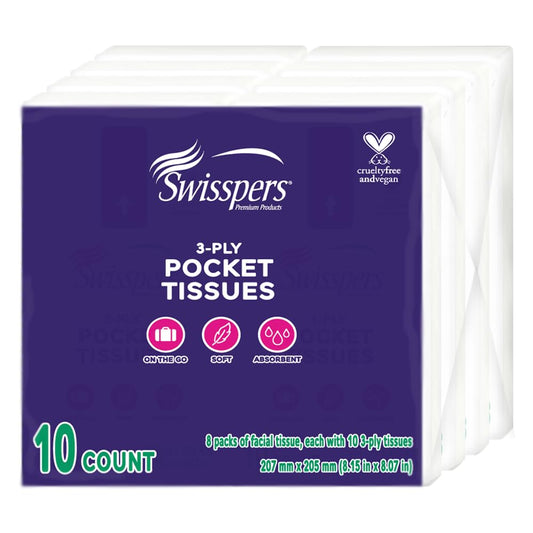 Swisspers Pocket Tissues, 3-Ply White Facial Tissues for Purse, Pocket, Car, Strong & Absorbent, 10 Tissues/Pack, 8 Packs (80 Tissues Total)