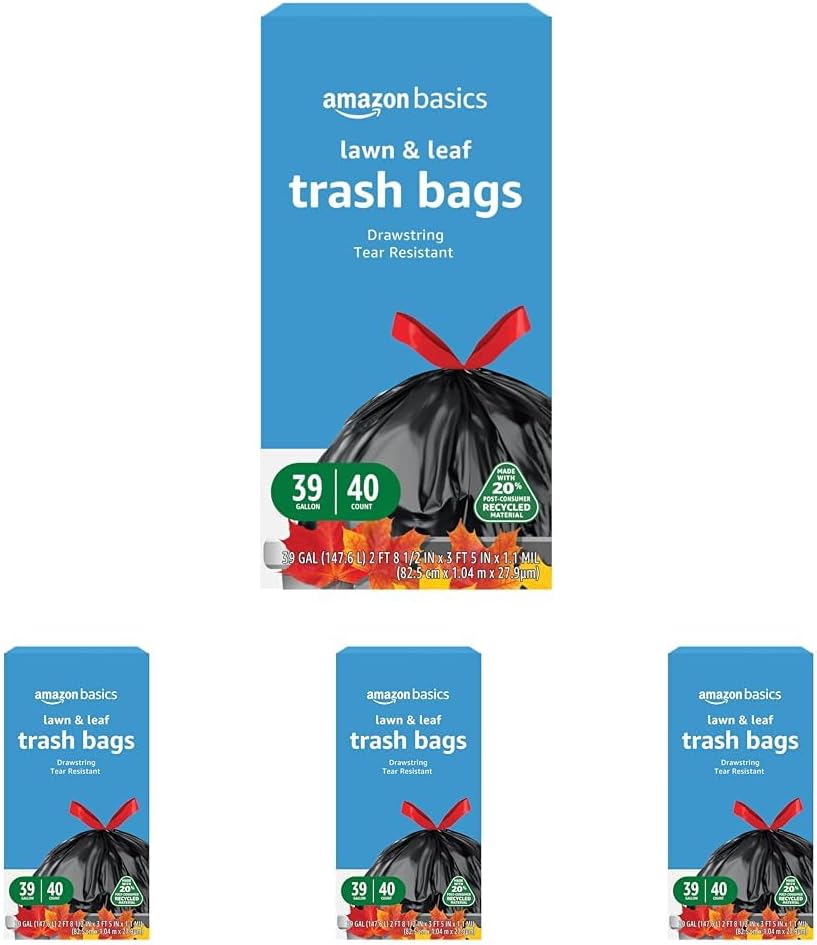 Amazon Basics 39 Gallon Lawn & Leaf Heavy Duty Drawstring Trash Bags, 20% Post Consumer Recycled, 40 Count, Black