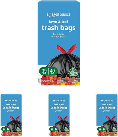 Amazon Basics 39 Gallon Lawn & Leaf Heavy Duty Drawstring Trash Bags, 20% Post Consumer Recycled, 40 Count, Black