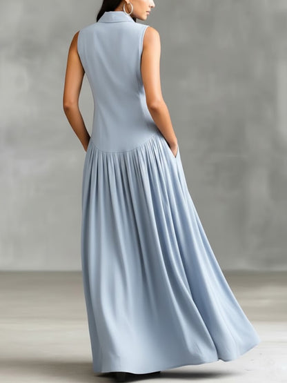 🔥Summer Arrivals🌟Women's Solid Color Lapel Sleeveless Casual Loose Cotton Dress
