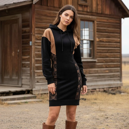 🔥𝗖𝗹𝗲𝗮𝗿𝗮𝗻𝗰𝗲 𝗦𝗮𝗹𝗲🌟Women's Vintage Black And Brown Suede Patchwork Lace Hoodie Dress