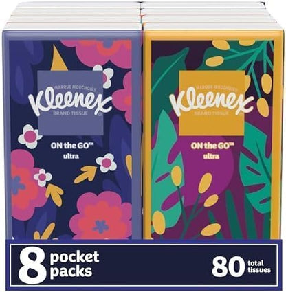 Kleenex On-The-Go Facial Tissues, 8 On-The-Go Packs, 10 Tissues per Box, 3-Ply (80 Total), Packaging May Vary