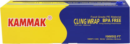 KAMMAK Plastic Wrap with Slide Cutter - 12 Inch Food Service Cling Film Roll - Clear Refillable Stretch Film - 1000 SQ FT Wrap - Bulk Quick Cut for Restaurant, Kitchen