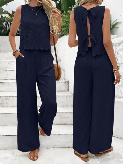🔥Summer Arrivals🌟Women's Casual Round Neck Lace-up Top And Wide-leg Pants Set