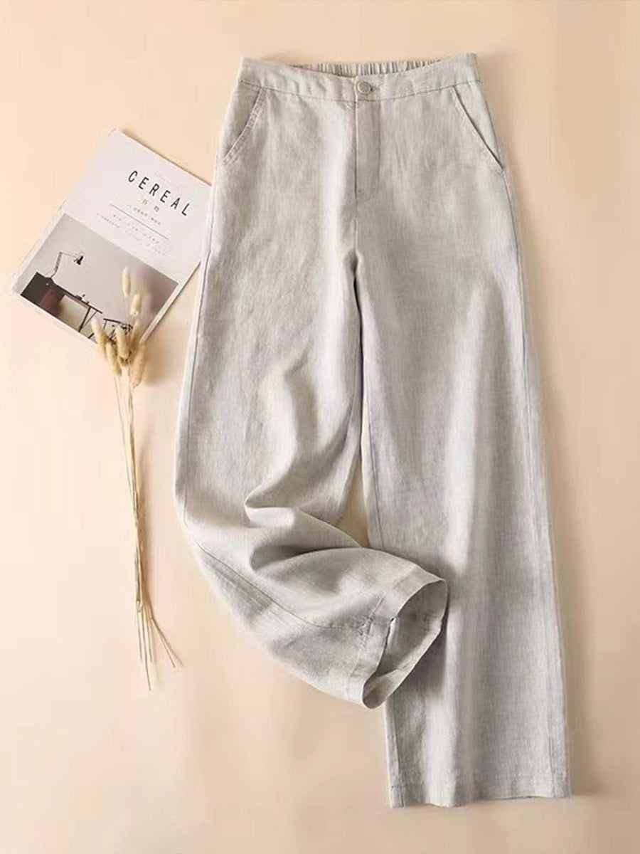 🔥Summer Arrivals🌟Women's Solid Color Half Elastic Waist Casual Cotton and Linen Wide Leg Pants