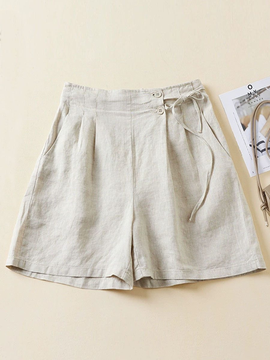 🔥Summer Arrivals🌟Women's Semi-elastic High Waist Solid Color Casual Cotton and Linen Wide Leg Shorts