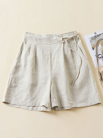 🔥Summer Arrivals🌟Women's Semi-elastic High Waist Solid Color Casual Cotton and Linen Wide Leg Shorts