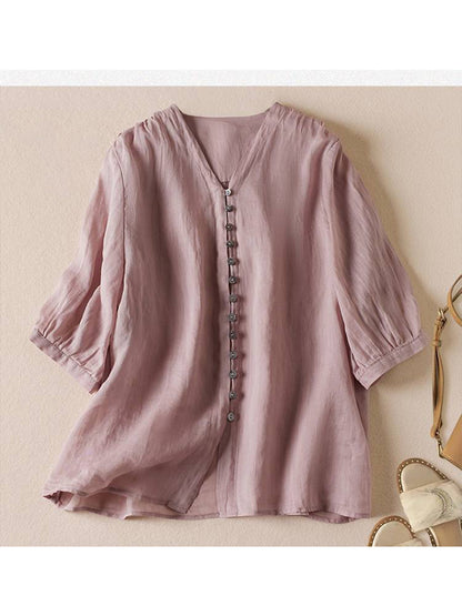 🔥Summer Arrivals🌟Women's V Neck Cotton and Linen Shirt