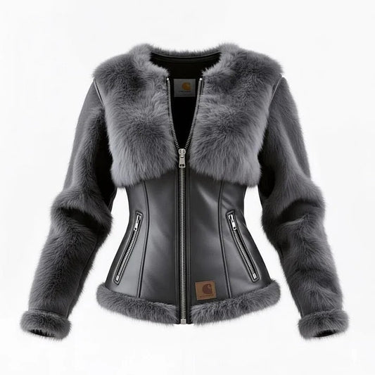 🔥𝗖𝗹𝗲𝗮𝗿𝗮𝗻𝗰𝗲 𝗦𝗮𝗹𝗲🌟Handmade Black Leather Bomber Jacket, Grey Faux Fur Trim, Slim Fit