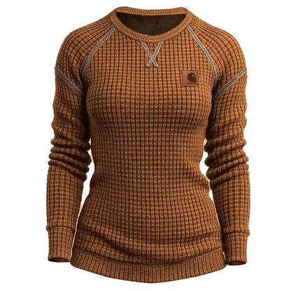 🔥𝗖𝗹𝗲𝗮𝗿𝗮𝗻𝗰𝗲 𝗦𝗮𝗹𝗲🌟Women's Vintage Black Waffle Knit Crewneck Long Sleeve Sweatshirt