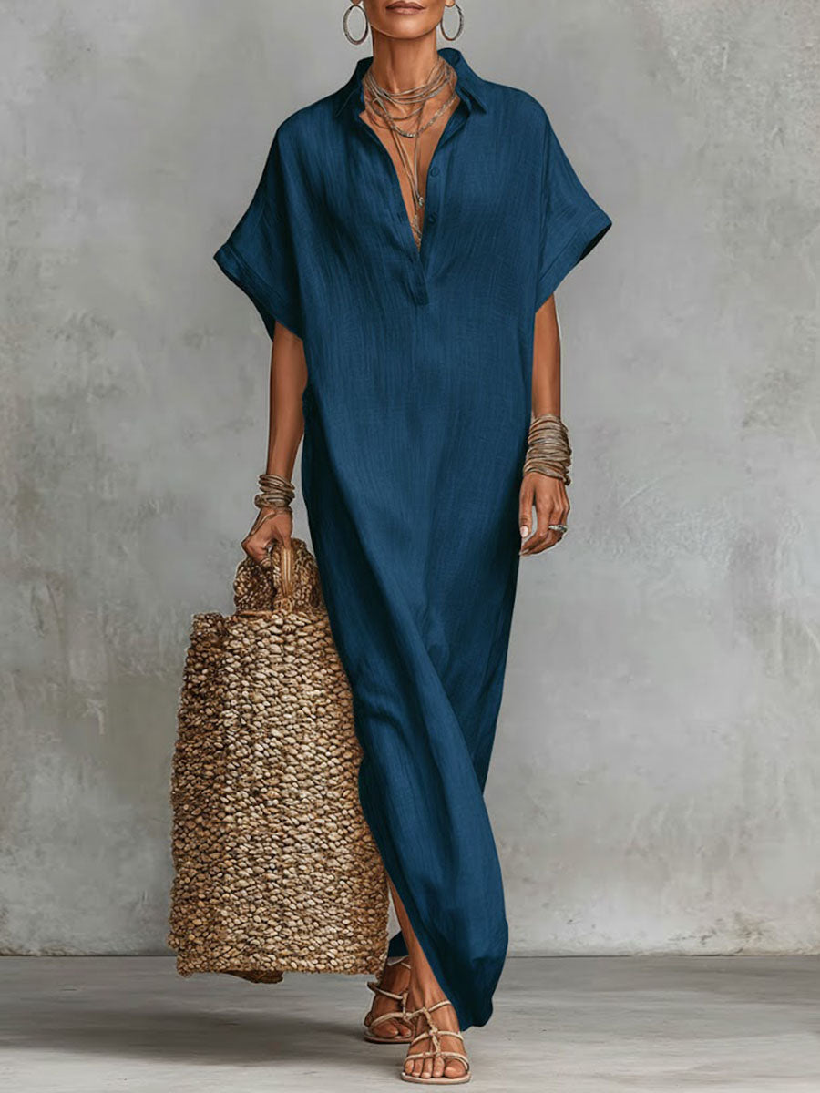 🔥Summer Arrivals🌟Women's Solid Color Collared Short-sleeved Casual Loose Linen Dress