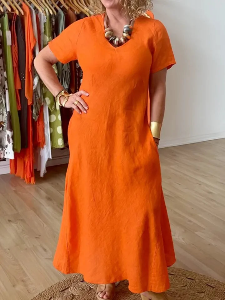 🔥Summer Arrivals🌟Elegant Diamond-neck Linen Midi Dress