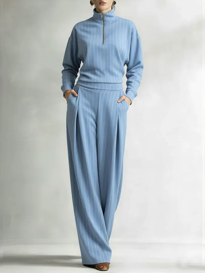 🔥Summer Arrivals🌟Women's Striped Stretch Cotton Half-zip Top And Wide-leg Pants Two-piece Set