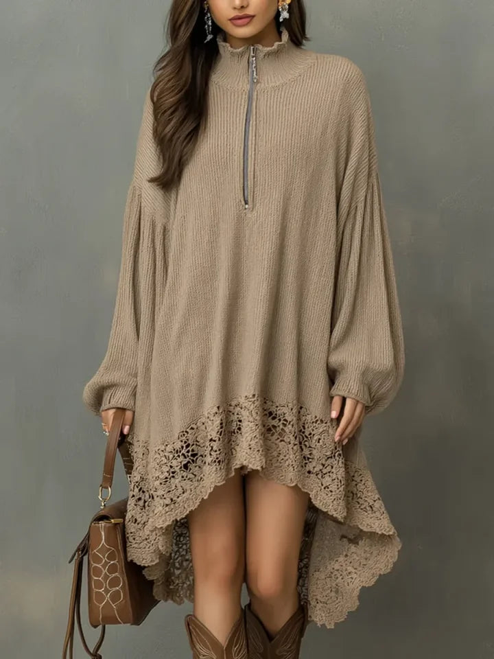 🔥Summer Arrivals🌟Women's Solid Color Stand-collar Long-sleeved Casual Loose Knit Dress With Lace Trim.