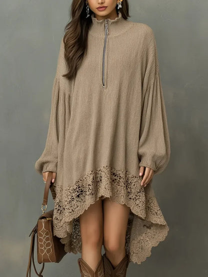 🔥Summer Arrivals🌟Women's Solid Color Stand-collar Long-sleeved Casual Loose Knit Dress With Lace Trim.