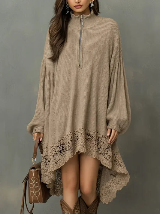 🔥Summer Arrivals🌟Women's Solid Color Stand-collar Long-sleeved Casual Loose Knit Dress With Lace Trim.