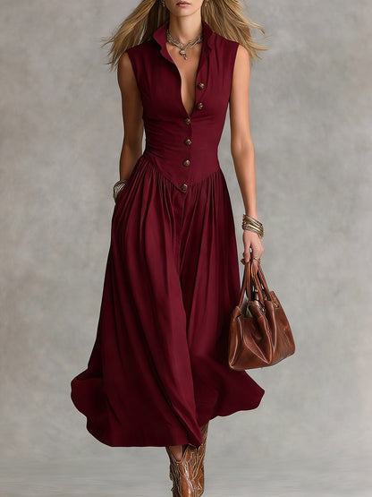 🔥Summer Arrivals🌟Women's Solid Color Collared Sleeveless Casual Loose Cotton Linen Dress