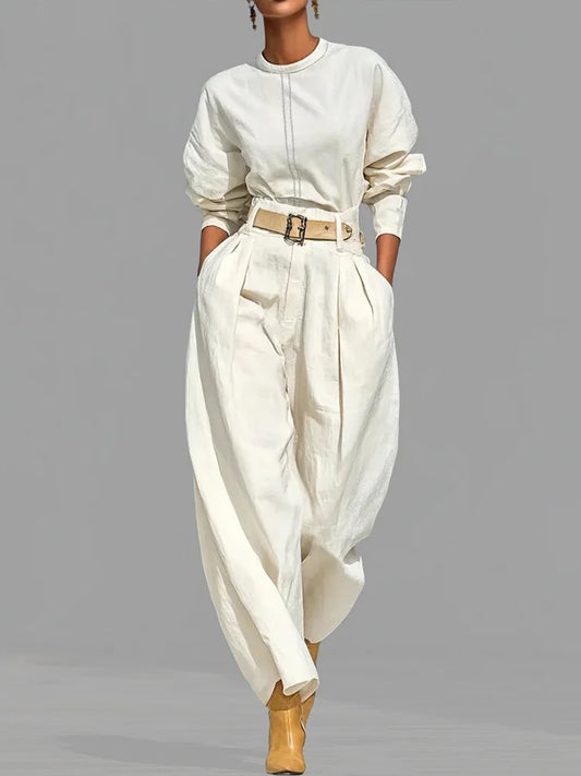 🔥Summer Arrivals🌟Casual Linen And Cotton Crew-neck Shirt And High-waisted Tapered Trousers Two-piece Set.