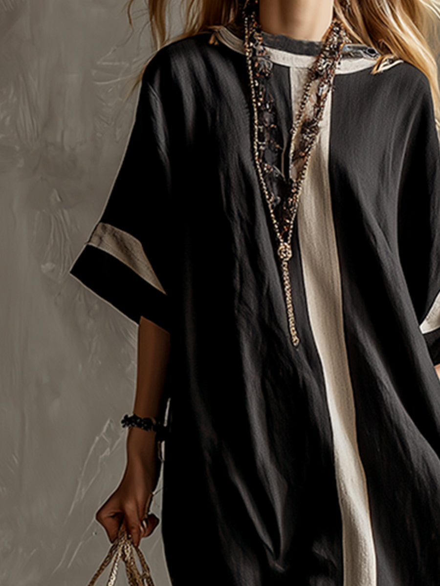 🔥Summer Arrivals🌟Stylish Urban Patchwork Black Cotton And Linen Short-sleeved Maxi Dress