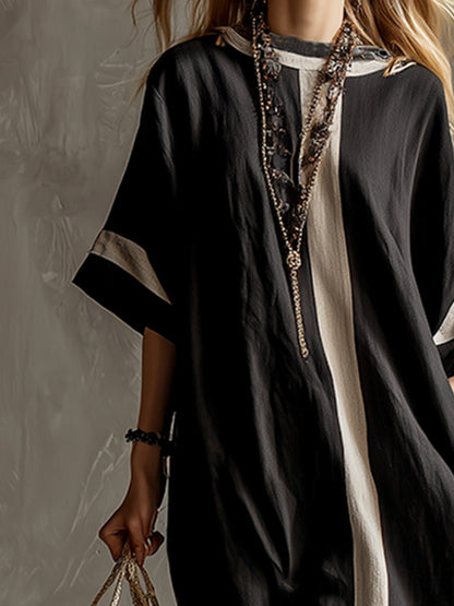 🔥Summer Arrivals🌟Stylish Urban Patchwork Black Cotton And Linen Short-sleeved Maxi Dress