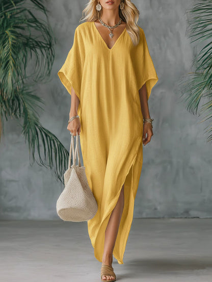 🔥Summer Arrivals🌟Women's Solid Color V-neck 3/4 Sleeve Casual Loose Cotton And Linen Dress