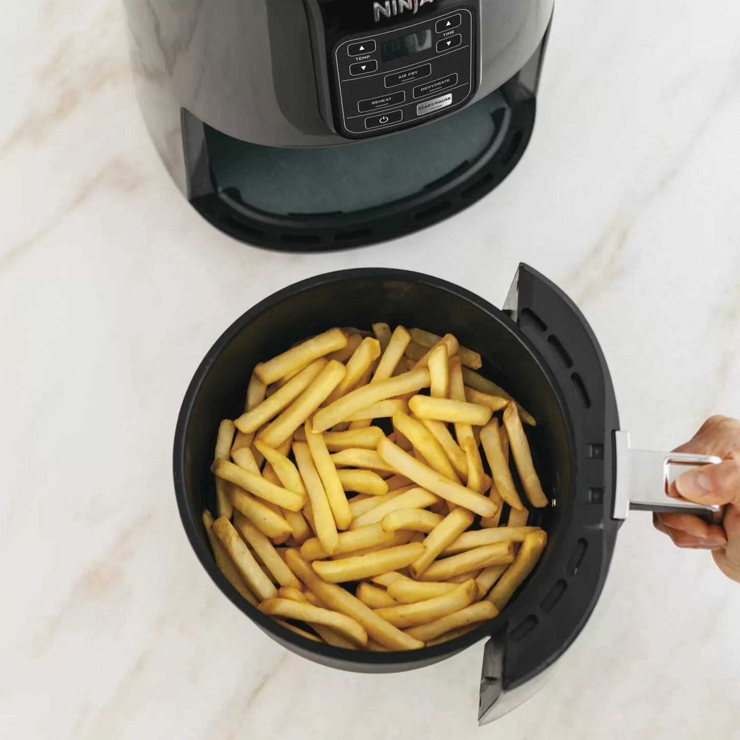 4 Quart Air Fryer with Reheat & Dehydrate, Black, Silver, AF100WM