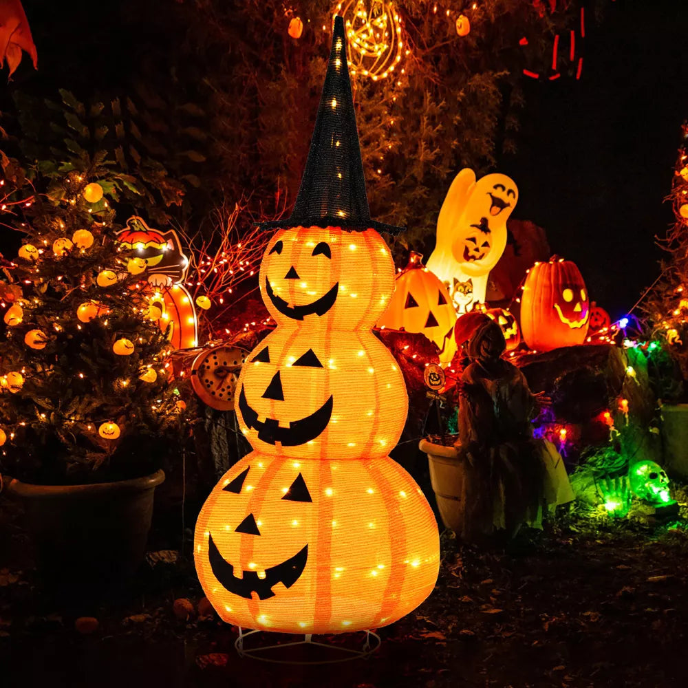 Tangkula Halloween Light Up Pumpkin Decoration Stacked Pumpkins with Witch Hat Build-in LED Lights Pop Up Jack-o-Lantern