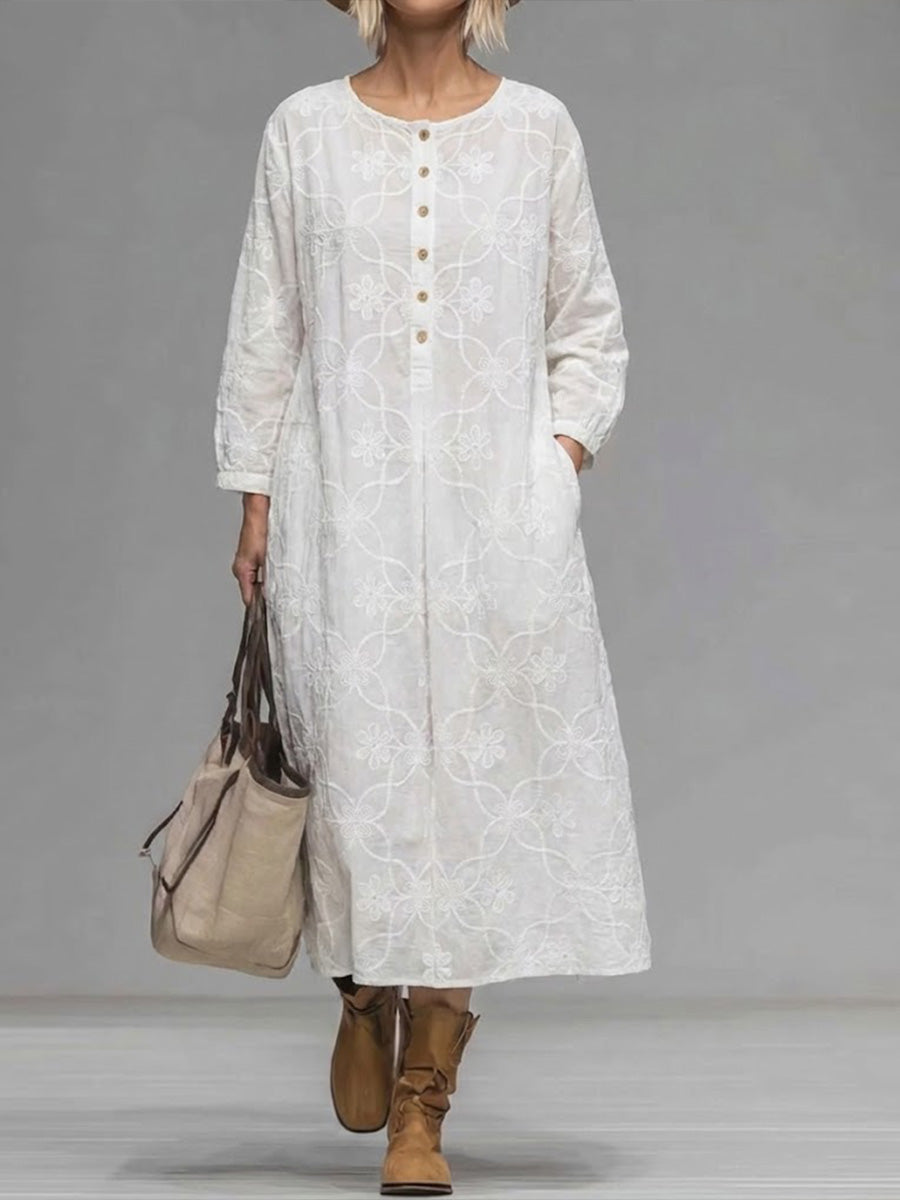 🔥Summer Arrivals🌟Women's Solid Color Round Neck Long-sleeved Casual Loose Cotton Embroidered Dress