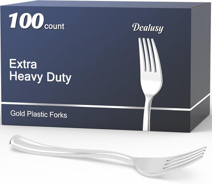 100 Count Heavy Duty Gold Plastic Forks Disposable, BPA-Free, Heat Resistant, Solid and Durable Premium Plastic Disposable Forks for Party Supply