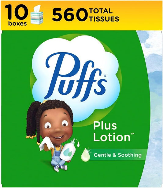 Puffs Plus Lotion Facial Tissues, 10 Cubes, 56 Tissues per Box, Allergies and Colds