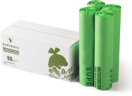 SUPERBIO 55 Gallon Compostable Yard Waste Bags, Lawn & Leaf Bags, Heavy Duty Extra Thick 1.57 Mil, (80 Count Bulk), 208.1 Liter, BPI and OK compost INDUSTRIAL