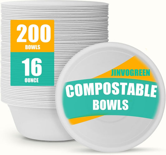 200 Count 12 oz Paper Bowls, Disposable Compostable Bowls Bulk, Heavy Duty Biodegradable Bagasse Bowl for Snacks, Soup, and Salads, White