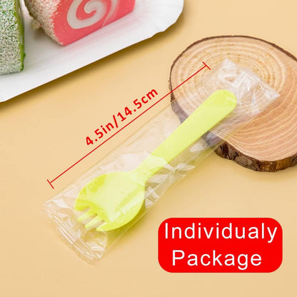 4.3" Mini Disposable Sporks 100ct, Plastic Spork 2-in-1 Utensils, 4 Colors, 25ct Individual Package Per Color - Made by Mavere