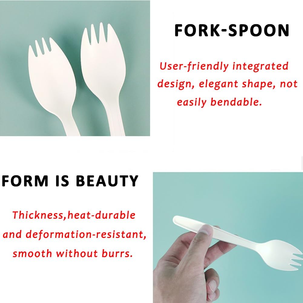 6” Large Size Reusable Sporks, Plastarch Material (PSM) Utensils, Spoon Fork 2-in-1 Spork for School Lunch, Picnics, Parties, Forky Making by Mavere, 50Pcs/Box