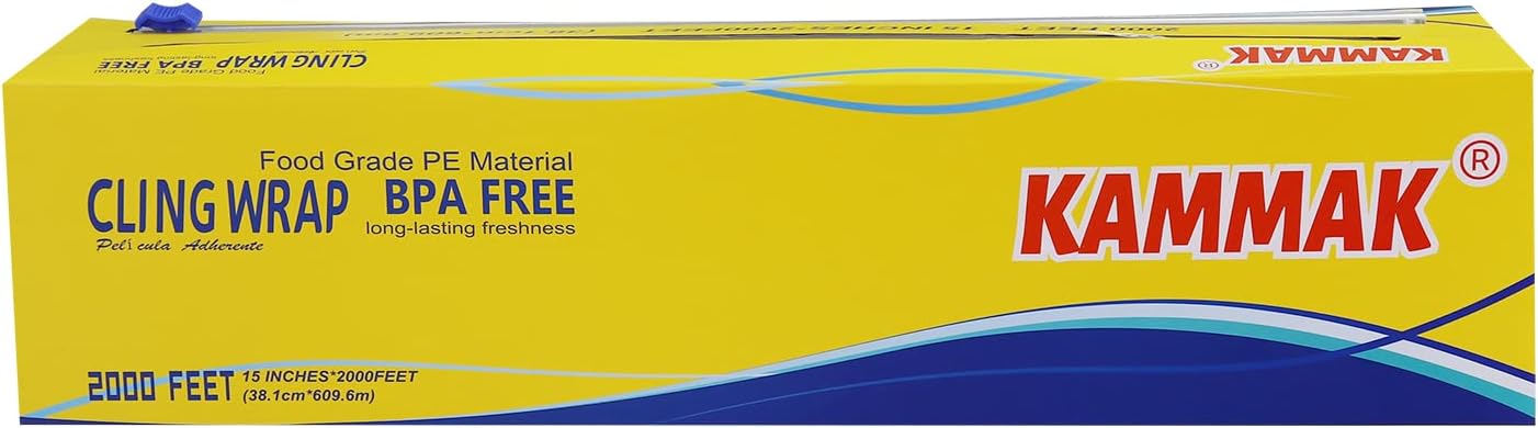 KAMMAK Plastic Wrap with Slide Cutter - 12 Inch Food Service Cling Film Roll - Clear Refillable Stretch Film - 1000 SQ FT Wrap - Bulk Quick Cut for Restaurant, Kitchen