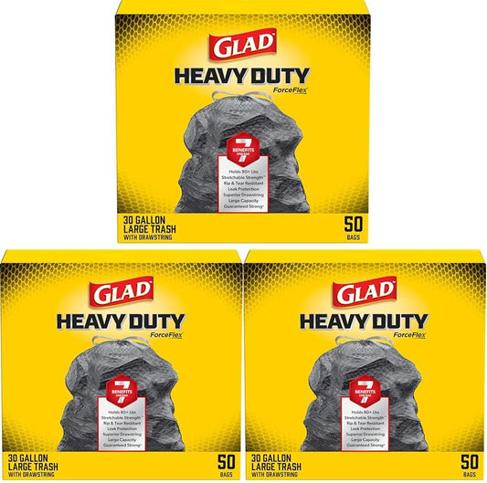 Glad Large 30 Gallon Trash Bags, Unscented Heavy Duty Garbage Bags, Forceflex with Drawstring, 50 Count (Packaging May Vary)