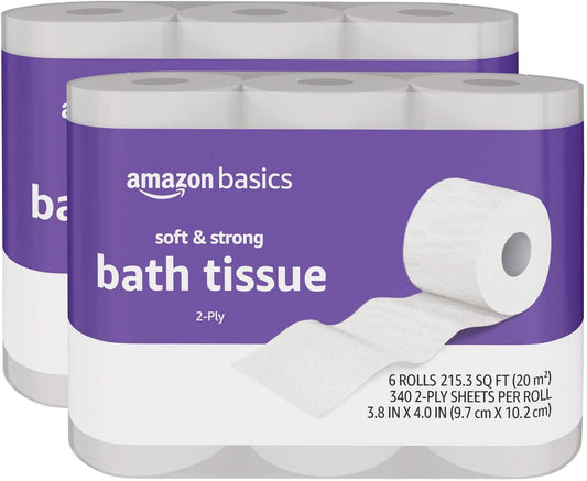Amazon Basics Soft and Strong 2-Ply Toilet Paper, 6 Ultra Rolls = 24 Regular Rolls, Unscented, 340 Sheets per Roll, Septic Safe