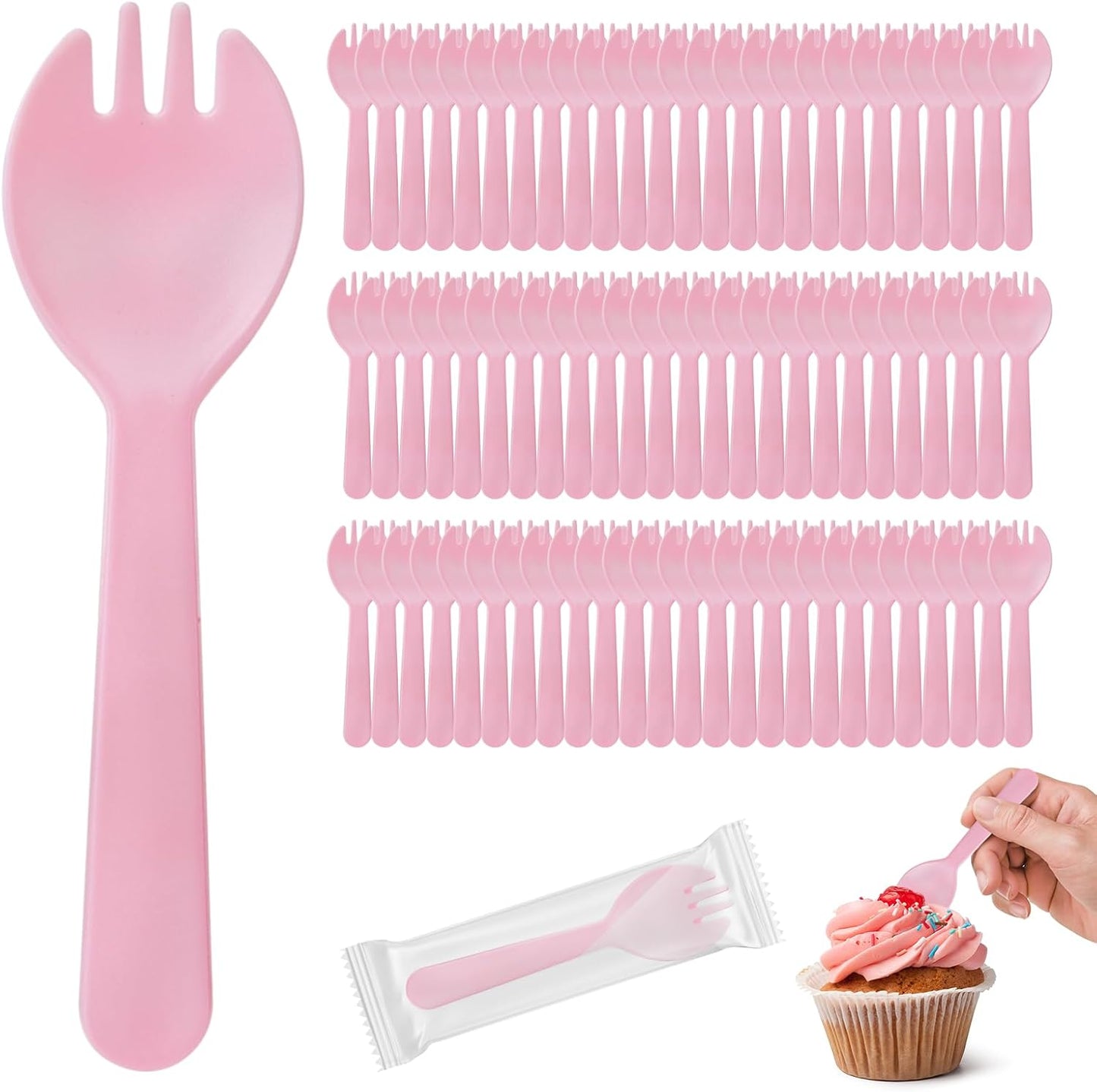100Pcs Mini Plastic Spork, 4.2 Inch Individually Wrapped Disposable Cutlery, Small Black Fork Spoon Combo for Desserts, Ice Cream, Cakes, Appetizer, To-Go & Party Use