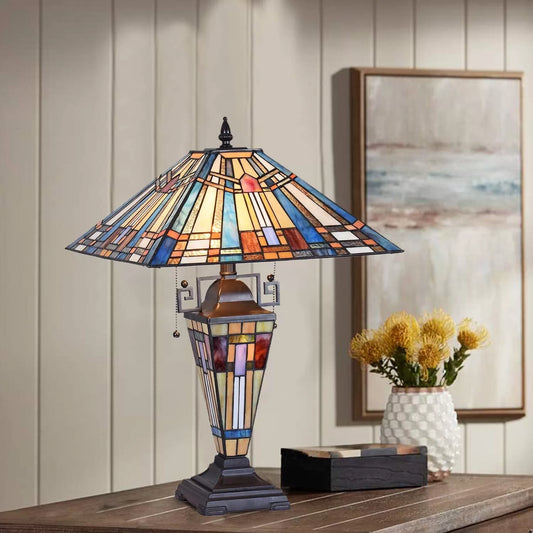 Tiffany Table Lamp Night Light 16" Wide Handmade Stained Glass Lamp Shade 3 Light Blue Mission Style Vintage Table Lamp For Home And Office