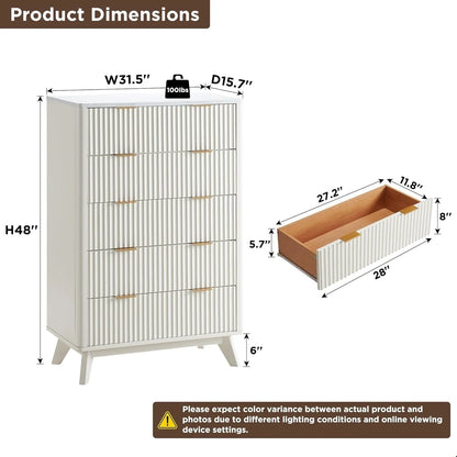 Modern Fluted 5 Drawers Dresser, Chest of Drawers, Dresser TV Stand