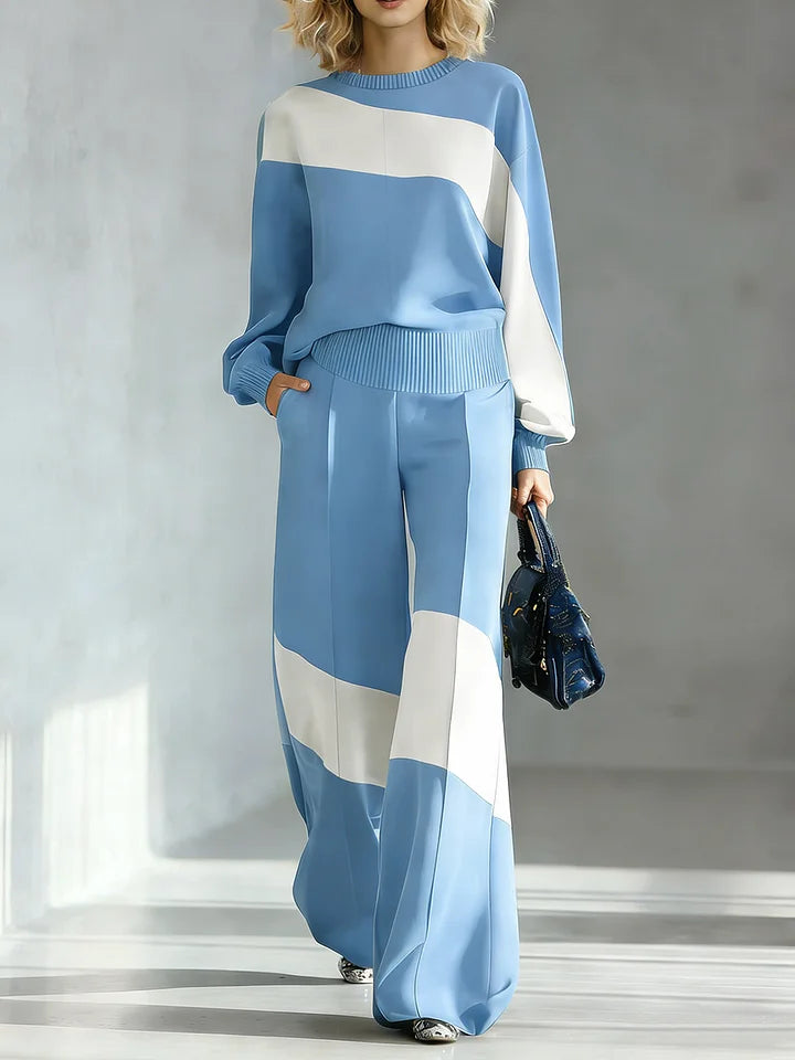 🔥Summer Arrivals🌟Women's Color-block Round Neck Long-sleeved Casual Loose Wide-leg Pants Knitted Set