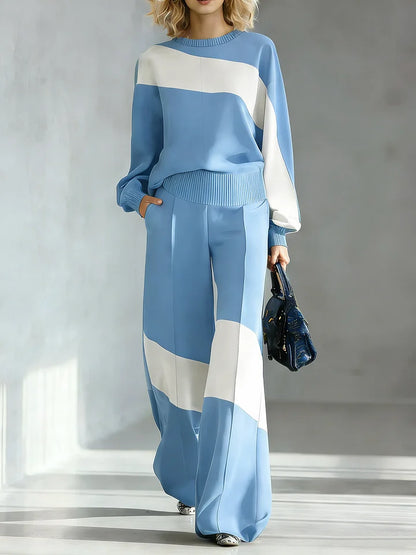 🔥Summer Arrivals🌟Women's Color-block Round Neck Long-sleeved Casual Loose Wide-leg Pants Knitted Set