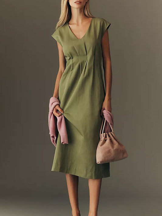 🔥Summer Arrivals🌟Women's Solid Color V-neck Sleeveless Casual Loose Cotton Linen Dress
