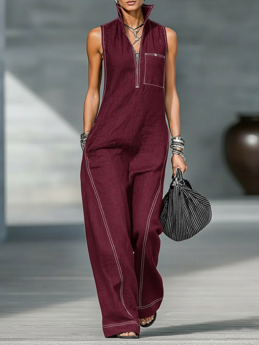 🔥Summer Arrivals🌟Women's Stand-collar Sleeveless Casual Loose Cotton And Linen Jumpsuit